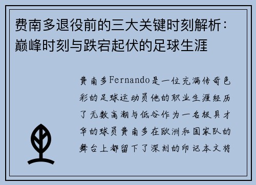 费南多退役前的三大关键时刻解析：巅峰时刻与跌宕起伏的足球生涯