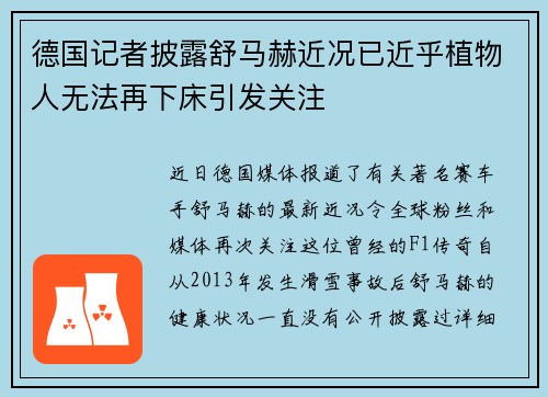 德国记者披露舒马赫近况已近乎植物人无法再下床引发关注
