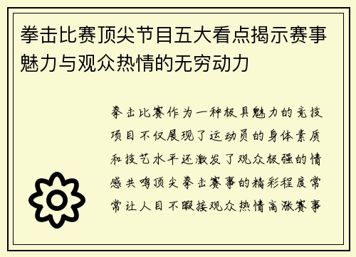 拳击比赛顶尖节目五大看点揭示赛事魅力与观众热情的无穷动力